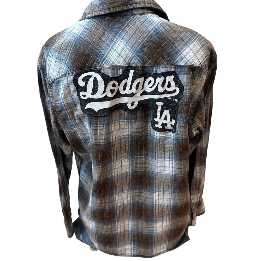 LA Dodgers Plaid Flannel Shirt LARGE Oversized Unique Baseball Tailgate Grunge